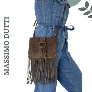 Massimo Dutti Brown Suede Fringe Crossbody Bag | Zip Closure | Adjustable Strap